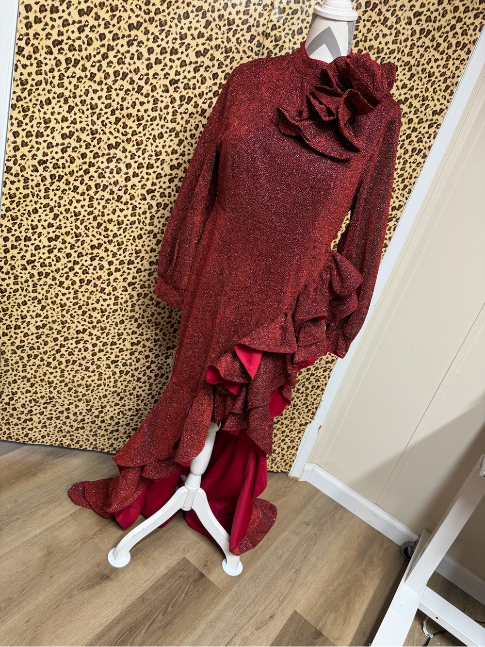 Women’s Red Ruffle High-Neck Sparkle Dress